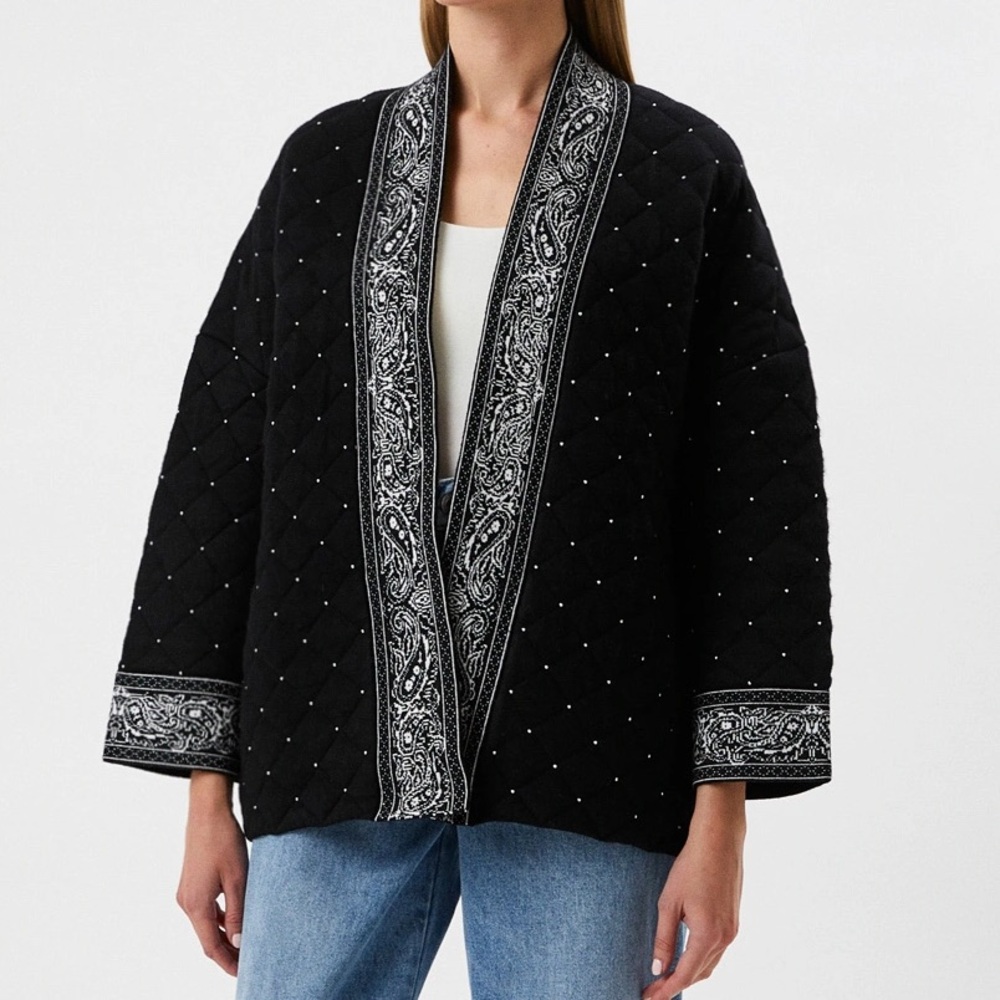 Maje Black Quilted Cardigan with Paisley Trim